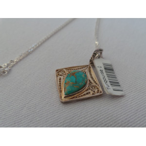 Turquoise Stone and Silver Pendant with Silver Necklace - HA2084-Persian Handicrafts