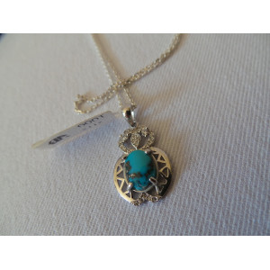 Turquoise Stone and Silver Pendant with Silver Necklace - HA2086-Persian Handicrafts