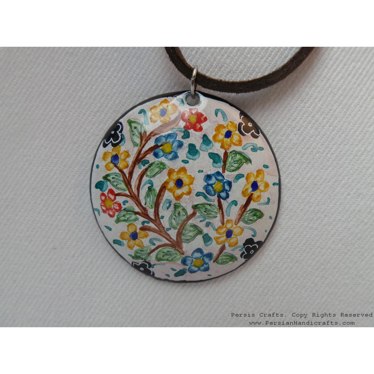Enamel Minakari Pendant & Leather Necklace - HA3038-Persian Handicrafts