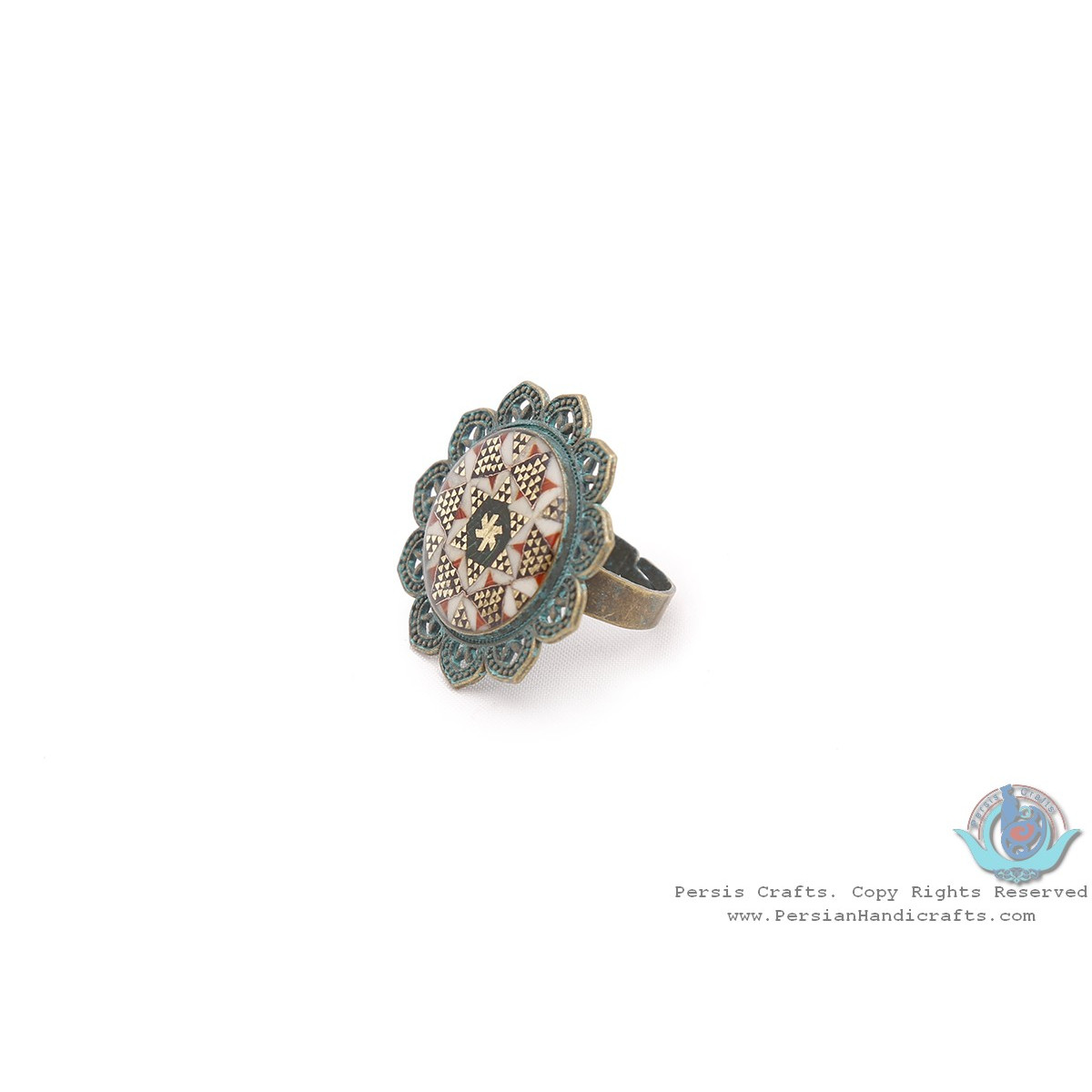 Brass & Khatam on Sun Shape Top Adjustable Ring - HA3909-Persian Handicrafts