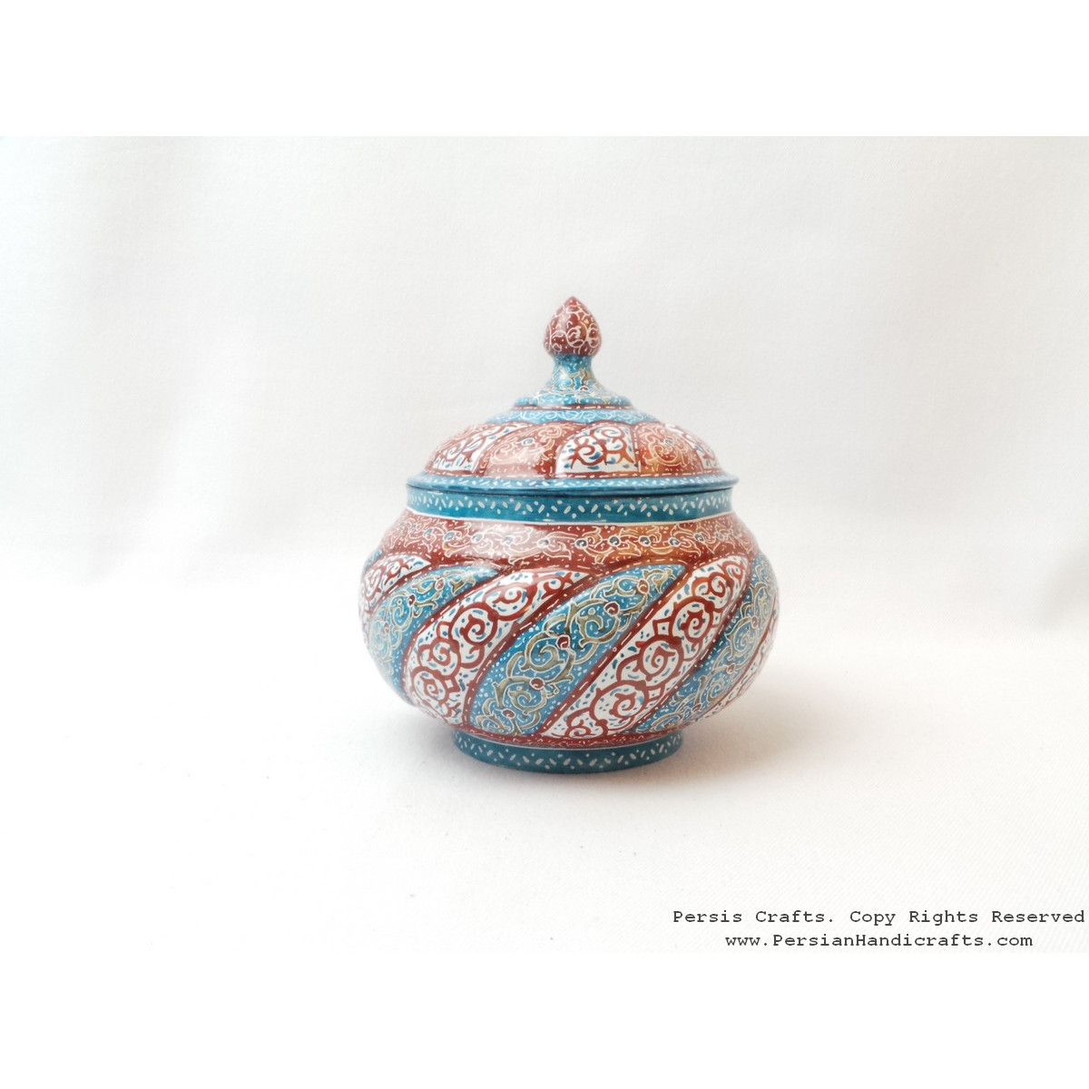 Sugar or Candy Bowl with Lid - Enamel (Minakari) on Copper - HE3022-Persian Handicrafts