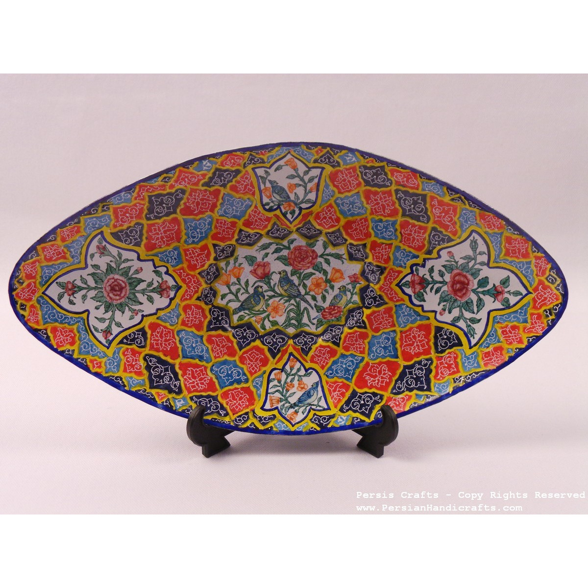 Unique Enameled Oval Dish (Custom Bird & Flower Design) - HE3026-Persian Handicrafts
