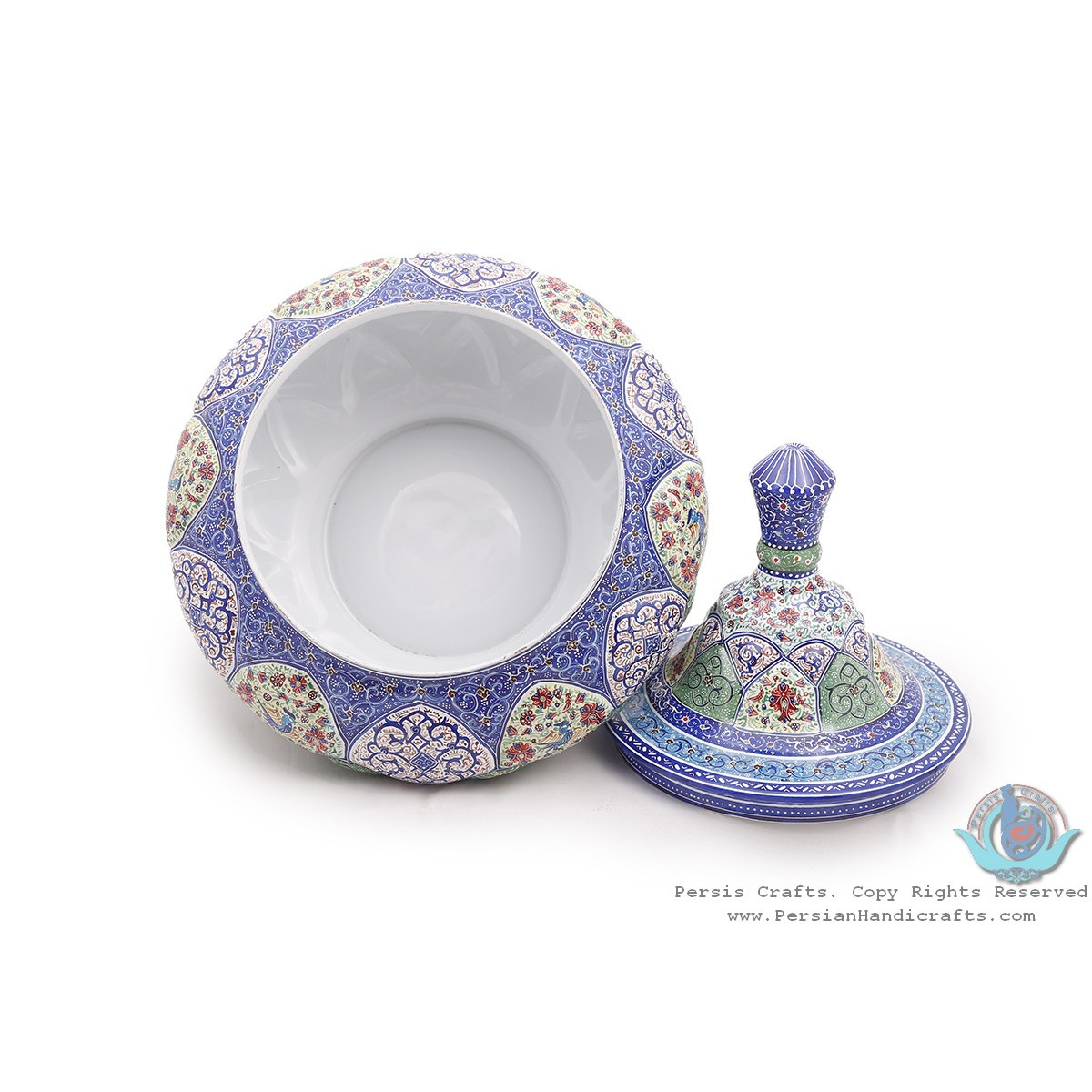 Green Mixed Enamel Toranj Eslimi Minakari Bowl Dish - HE3918-Persian Handicrafts