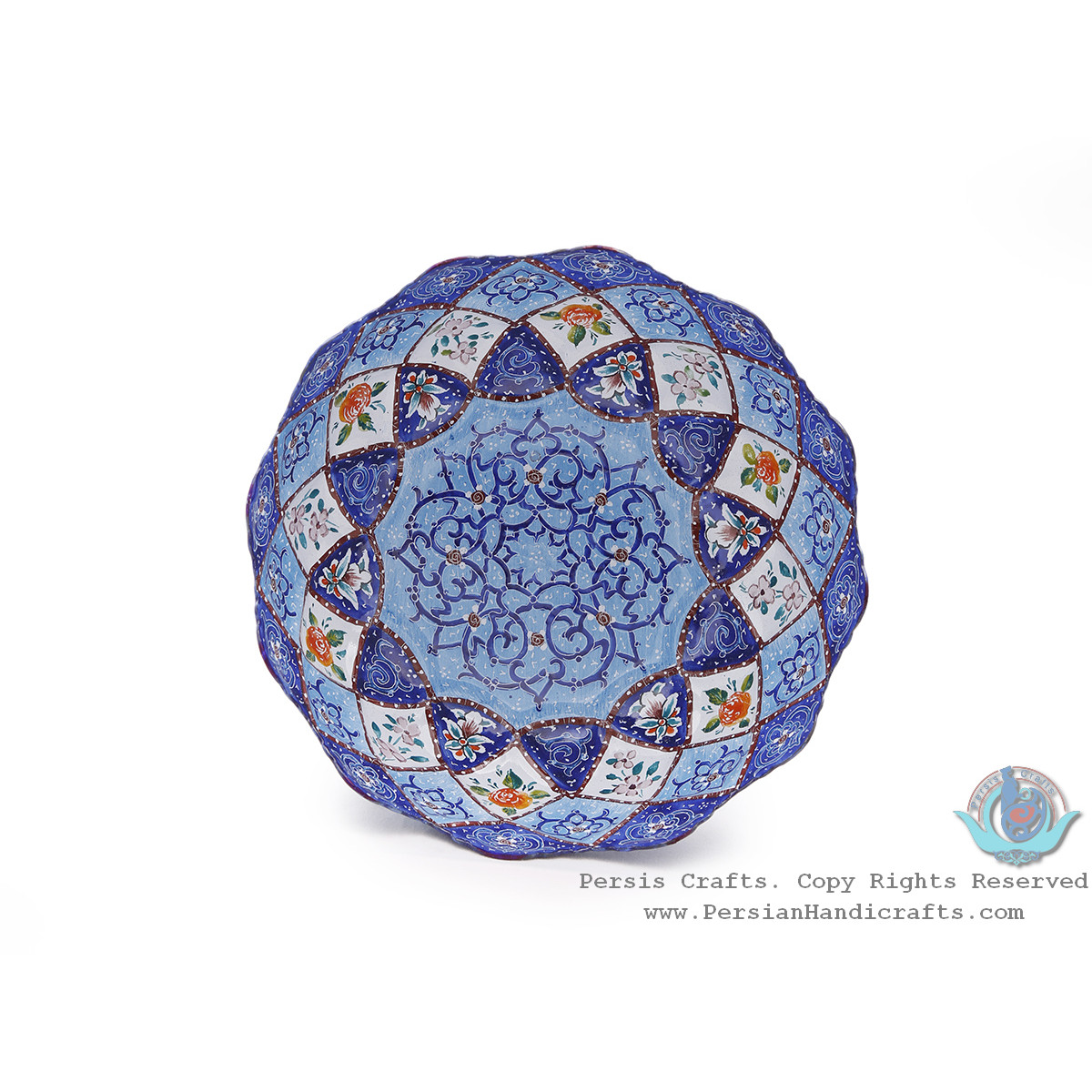 Premium Pedestal Dish w Azure Eslimi Minakari Design - HE4000-Persian Handicrafts
