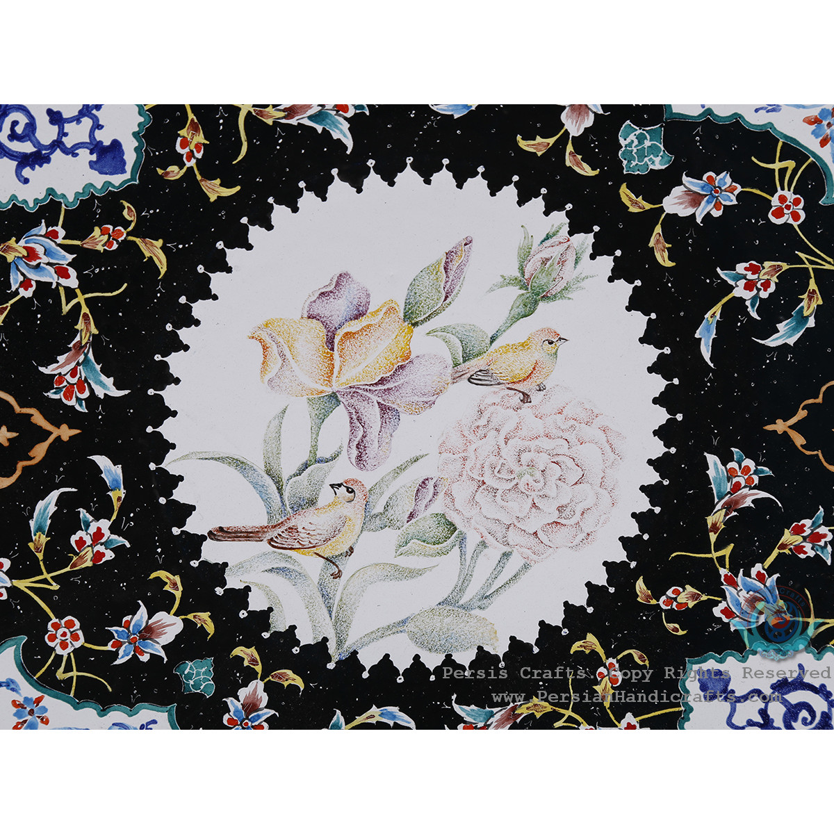 Exceptional Black Wall Plate w Colorful Eslimi Toranj - HE4004-Persian Handicrafts