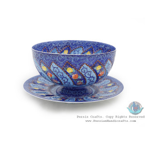 Classy Bowl & Plate Azure Minakari w Flower Eslimi Design- HE4007-Persian Handicrafts