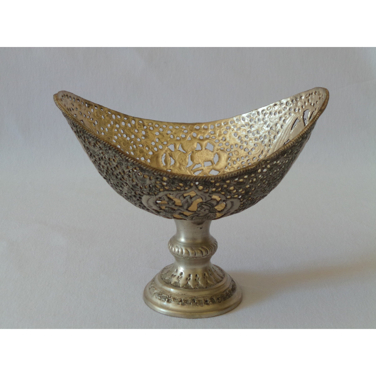 Hand Engraving on Sliver Plated Candy/Nut Pedestal Oval Bowl - HG2005-Persian Handicrafts