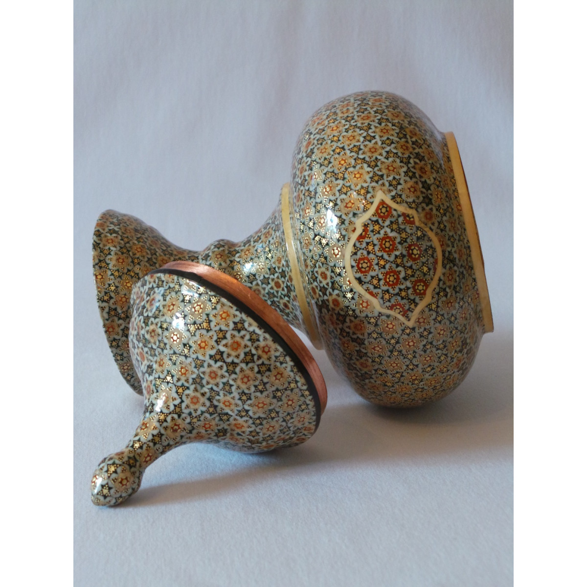 Khatam on Copper Pedestal Bowl Dish - HKH2040-Persian Handicrafts
