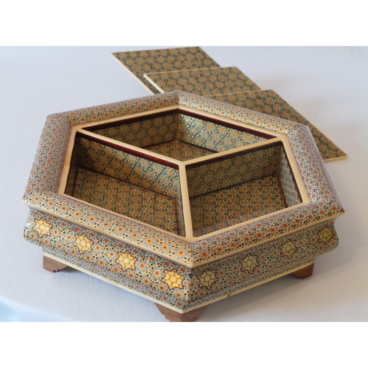 In & Out Khatam on Wood Candy/Nuts Hexagon Dish - HKH2044-Persian Handicrafts