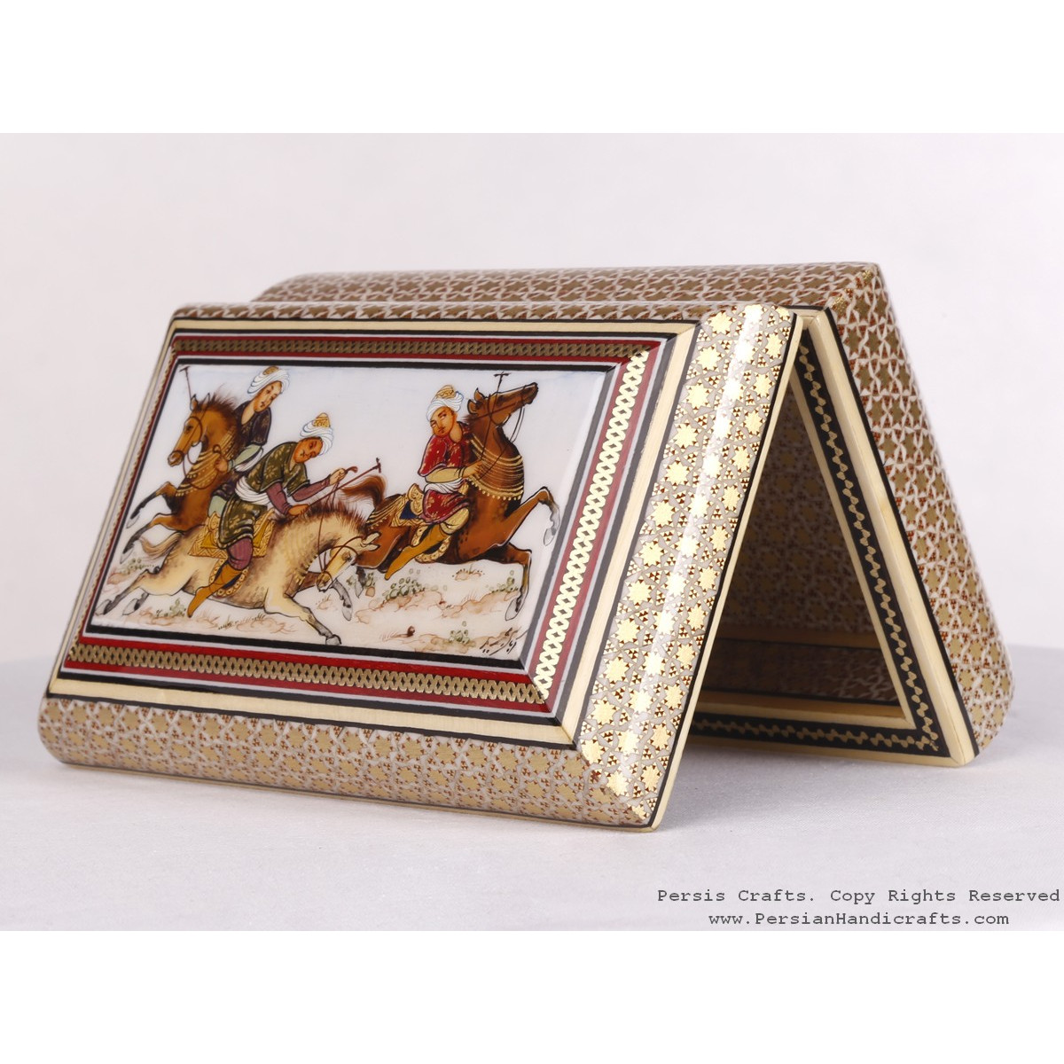 Khatam Jewelry Box with Miniature Chogan Painting - HKH3601-Persian Handicrafts