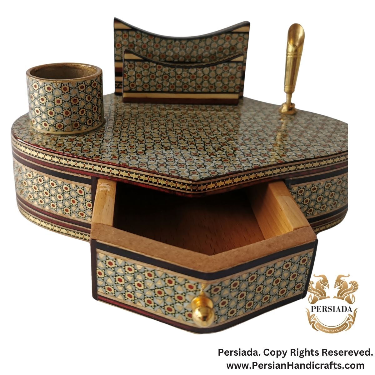 Multi-Purpose Penholder Paper Holder Set | Khatamkari  | HKH9008-Persiada Persian Handicrafts