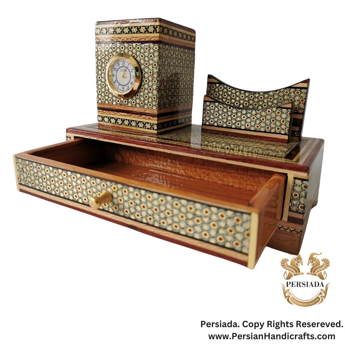 Clock Paper Holder Set| Khatamkari  | HKH9011-Persiada Persian Handicrafts