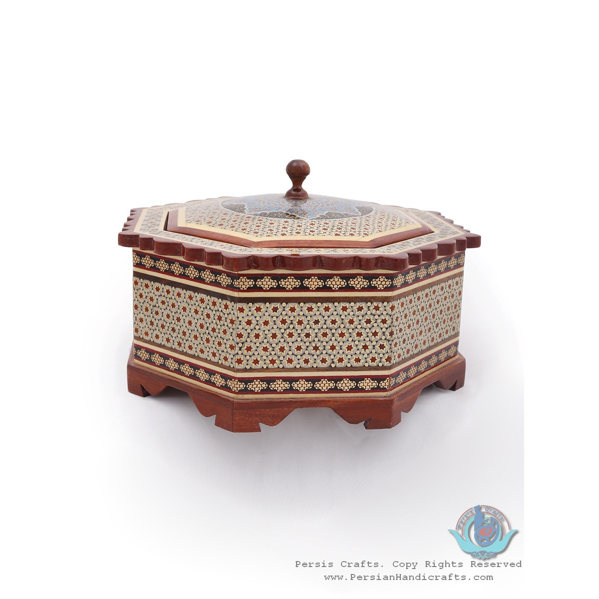 Tazhib Miniature Khatam Marquetry on Octagon Candy Box - HKH3904-Persian Handicrafts