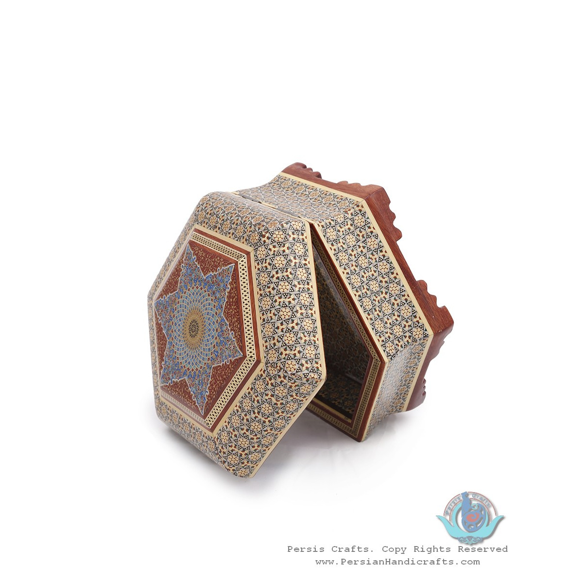 Tazhib Miniature Khatam Marquetry on Hexagonal Candy Box - HKH3906-Persian Handicrafts