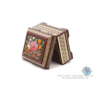 Khatam Marquetry with Flower & Bird Miniature on Jewelry Box - HKH3910-Persian Handicrafts