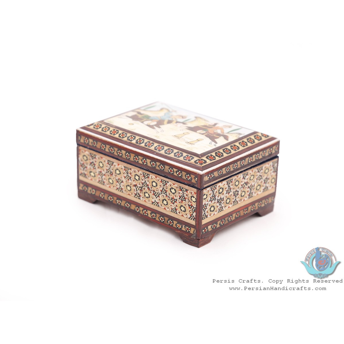 Khatam Marquetry with Chogan Miniature on Jewelry Box - HKH3911-Persian Handicrafts