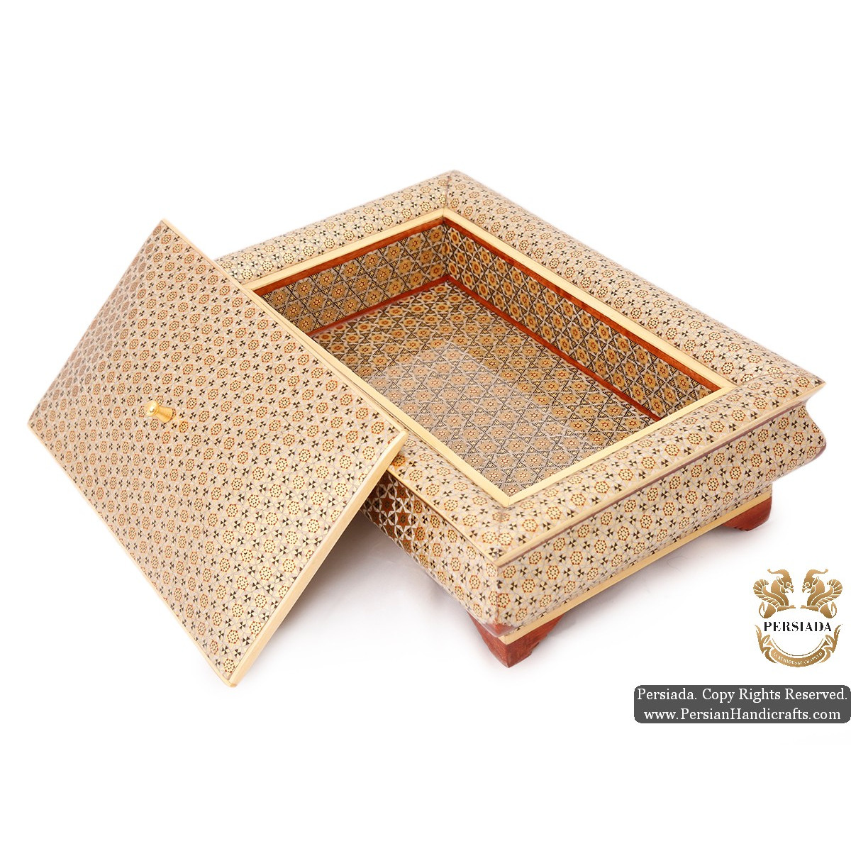 Decorative Wooden Storage Box | In & Out Khatam Shiny Gold Marquetry | HKH5109-Persian Handicrafts