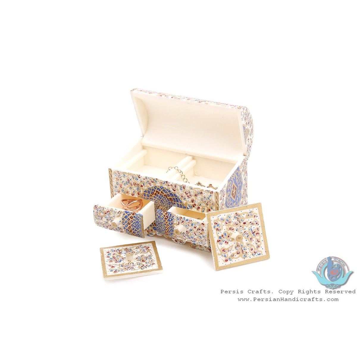 Tazhib Miniature Jewelry Box with 4 Storages - HM3902-Persian Handicrafts