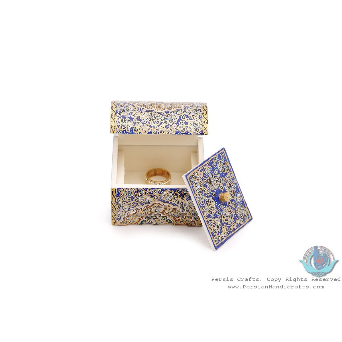 Premium Tazhib Miniature Mini Round Trunk Shape Jewelry Box - HM3924-Persian Handicrafts