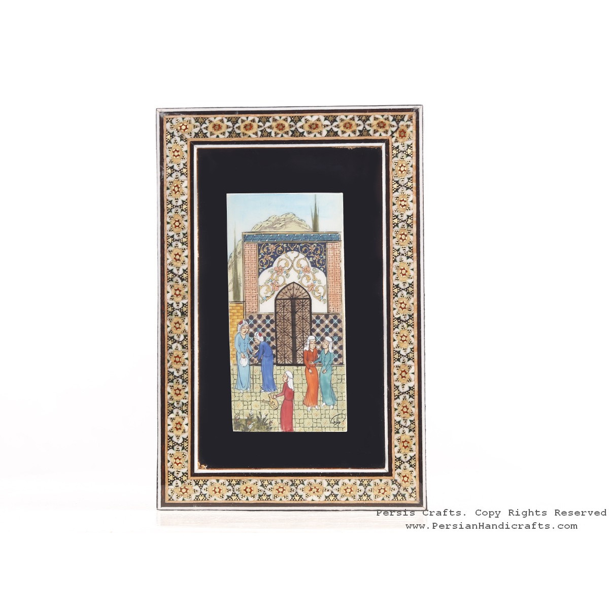 Miniature Hanpainting (Traditional Style Door) with Khatam Frame - HM3105-Persian Handicrafts