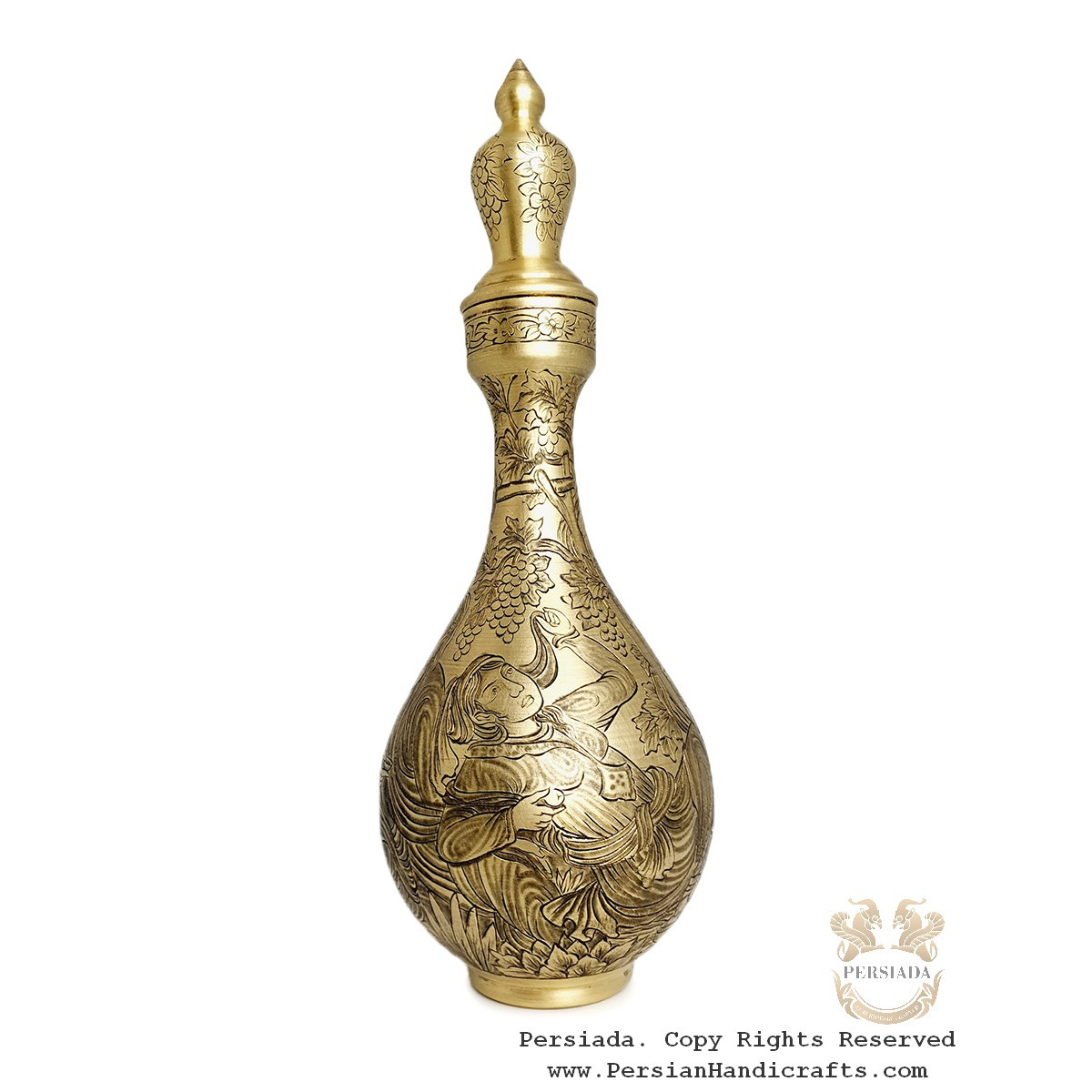 Antique Style Liquor Decanter | Miniature on Brass Handgraved Ghalamzani | PHGL702-Persian Handicrafts