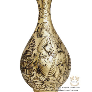 Antique Style Liquor Decanter | Miniature on Brass Handgraved Ghalamzani | PHGL702-Persian Handicrafts