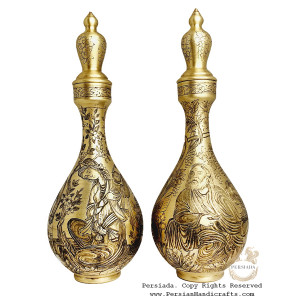 Antique Style Liquor Decanter | Miniature on Brass Handgraved Ghalamzani | PHGL702-Persian Handicrafts