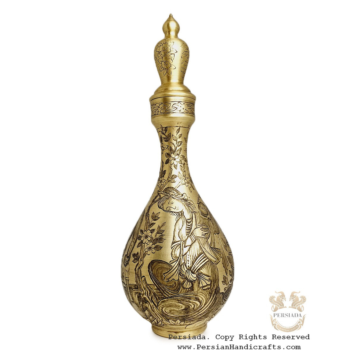 Antique Style Liquor Decanter | Miniature on Brass Handgraved Ghalamzani | PHGL702-Persian Handicrafts