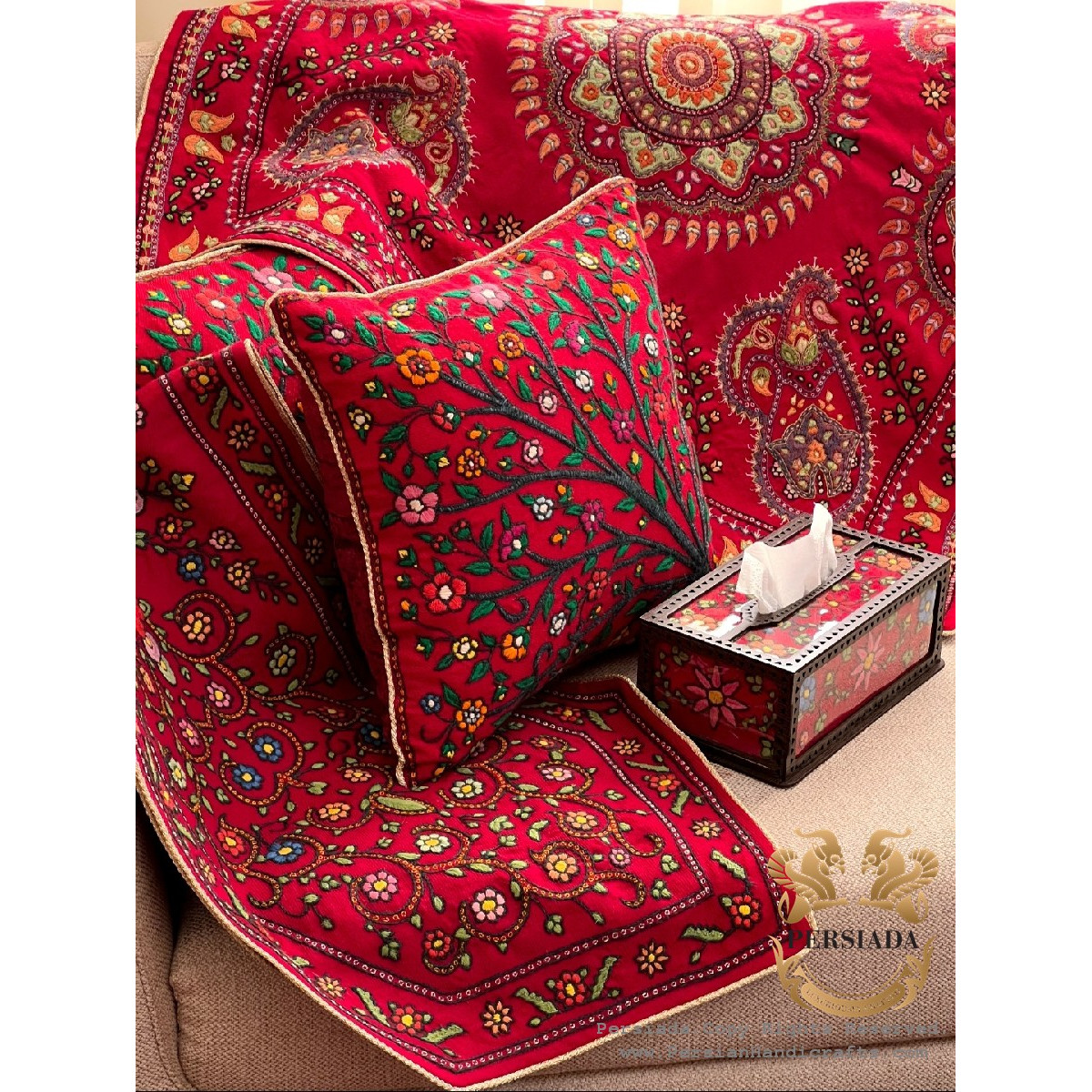 Tablecloth Cushion Tissue Box Set | Pateh Needlework | PHP2004-Persiada Persian Handicrafts