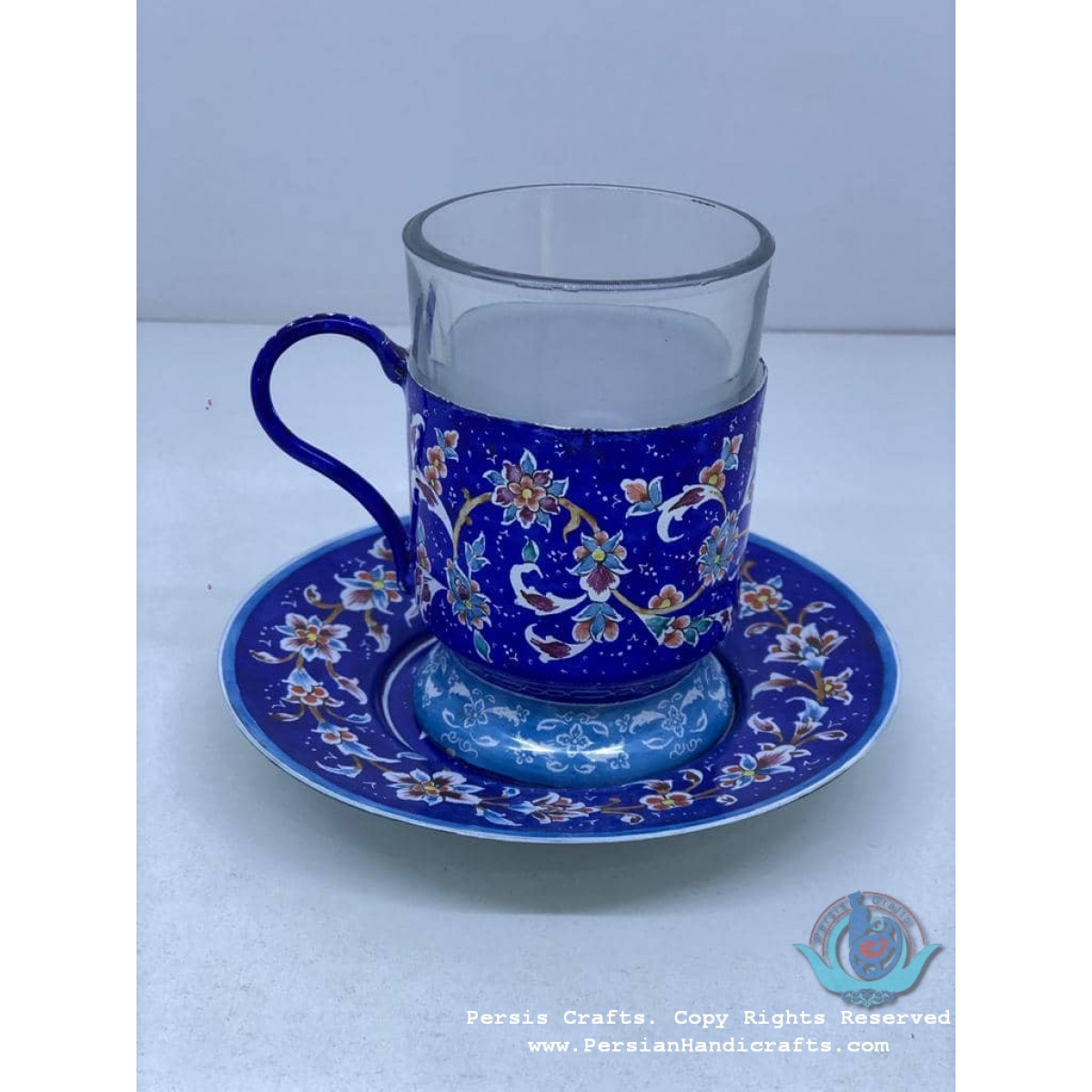 Enamel (Minakari) Tea Cup & Saucer - PE1054-Persian Handicrafts