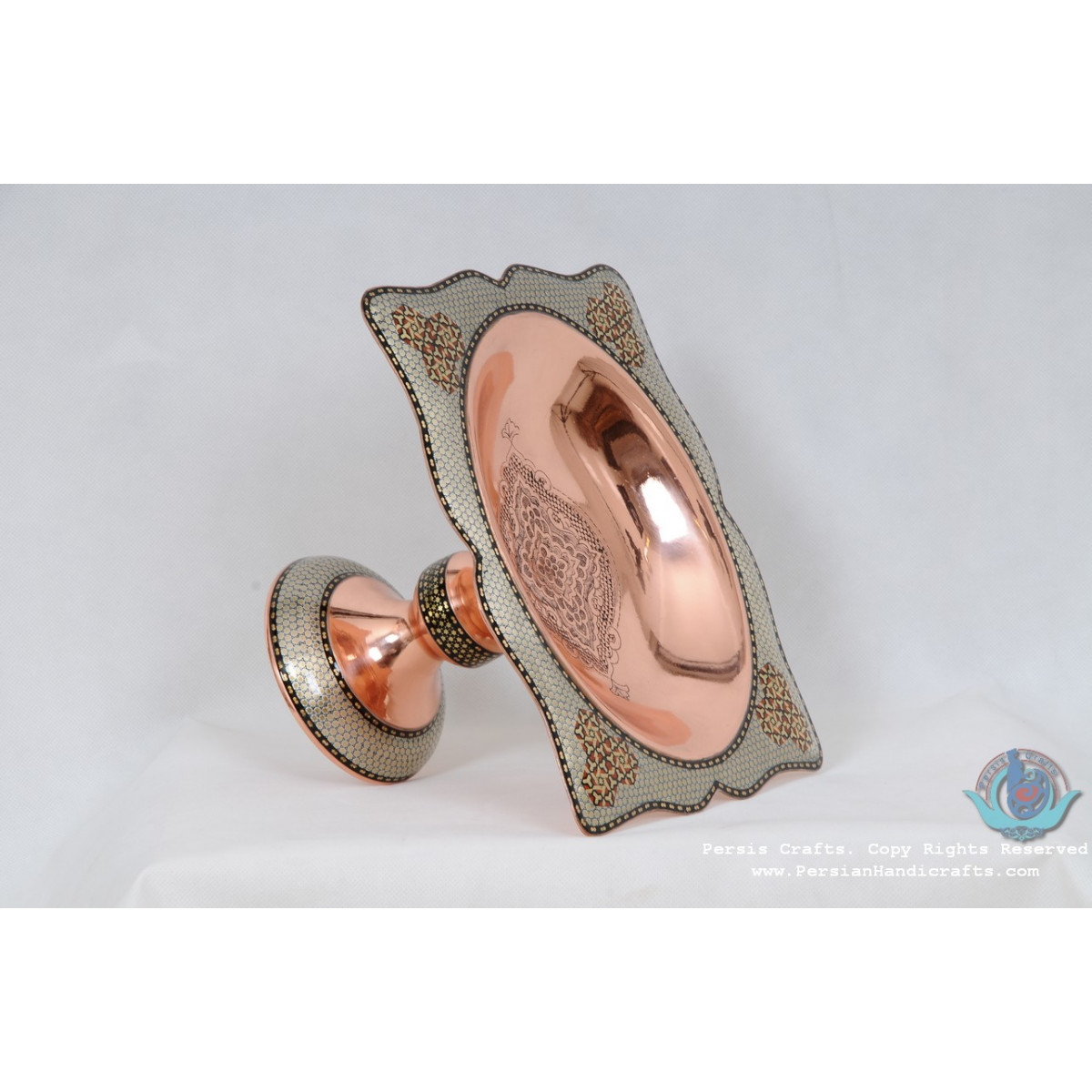 Khatam Marquetry on Copper Pedestal Cookie Platter- PKH1003-Persian Handicrafts