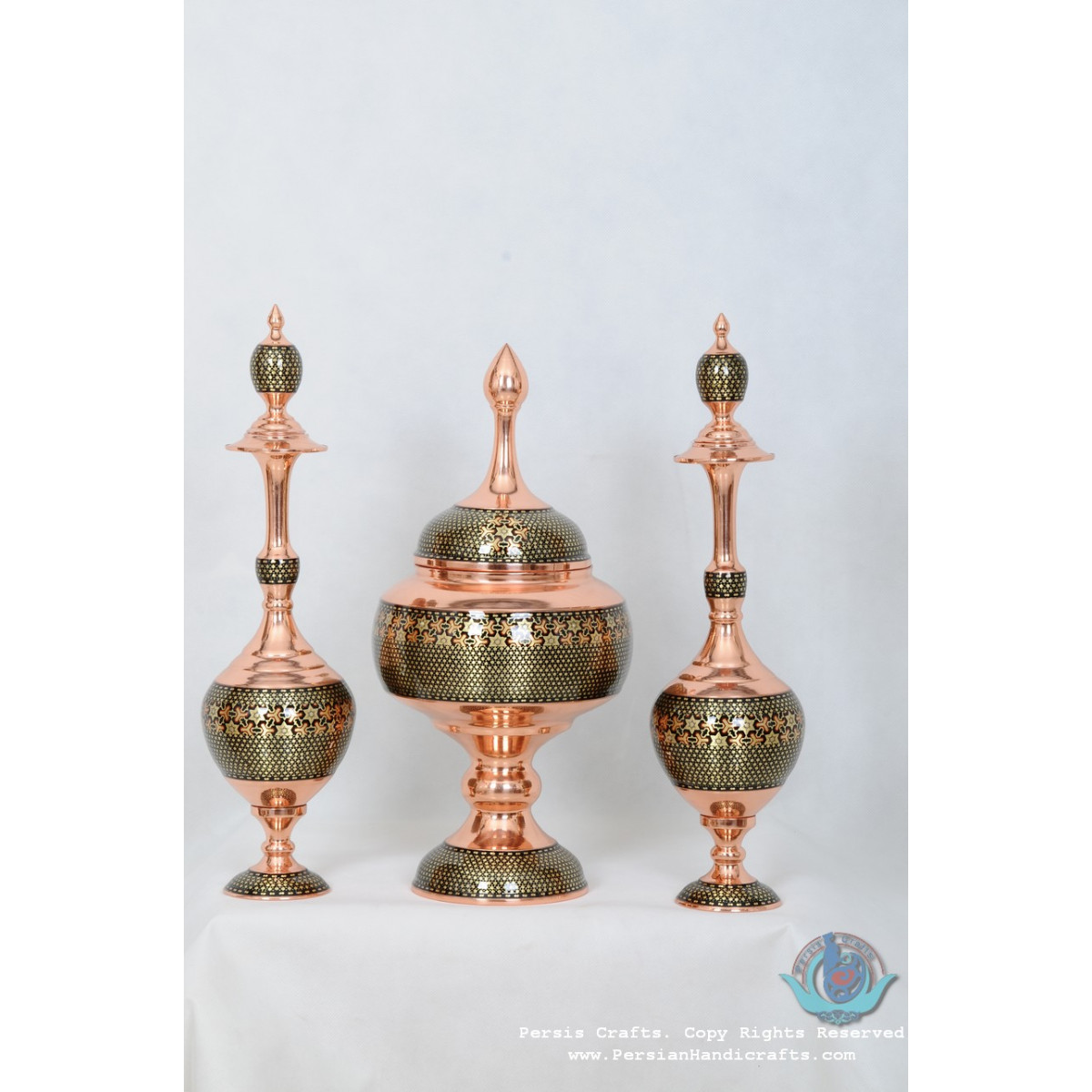Khatam Marquetry on Copper Decanter & Pedestal Dish Set - PKH1000-Persian Handicrafts