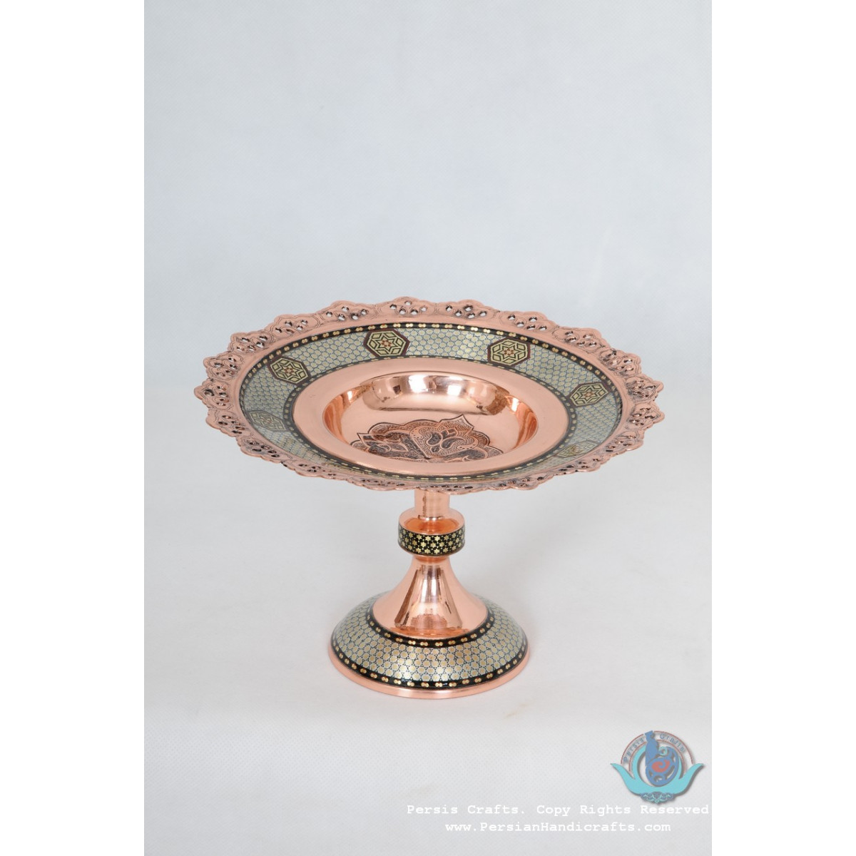 Khatam Marquetry on Copper Pedestal Cookie Platter- PKH1005-Persian Handicrafts