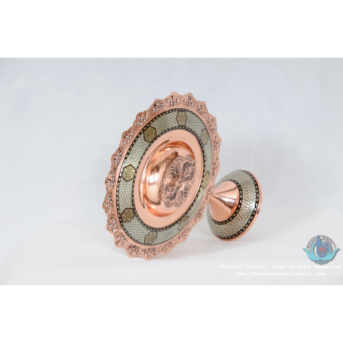 Khatam Marquetry on Copper Pedestal Cookie Platter- PKH1005-Persian Handicrafts