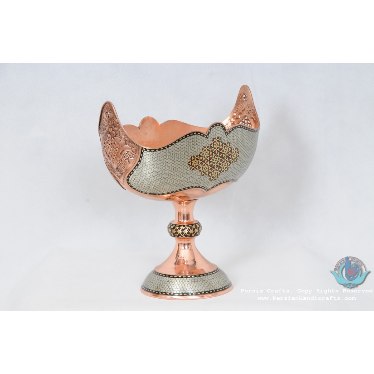 Khatam Marquetry on Copper Kashkool Pedestal Compote - PKH1006-Persian Handicrafts