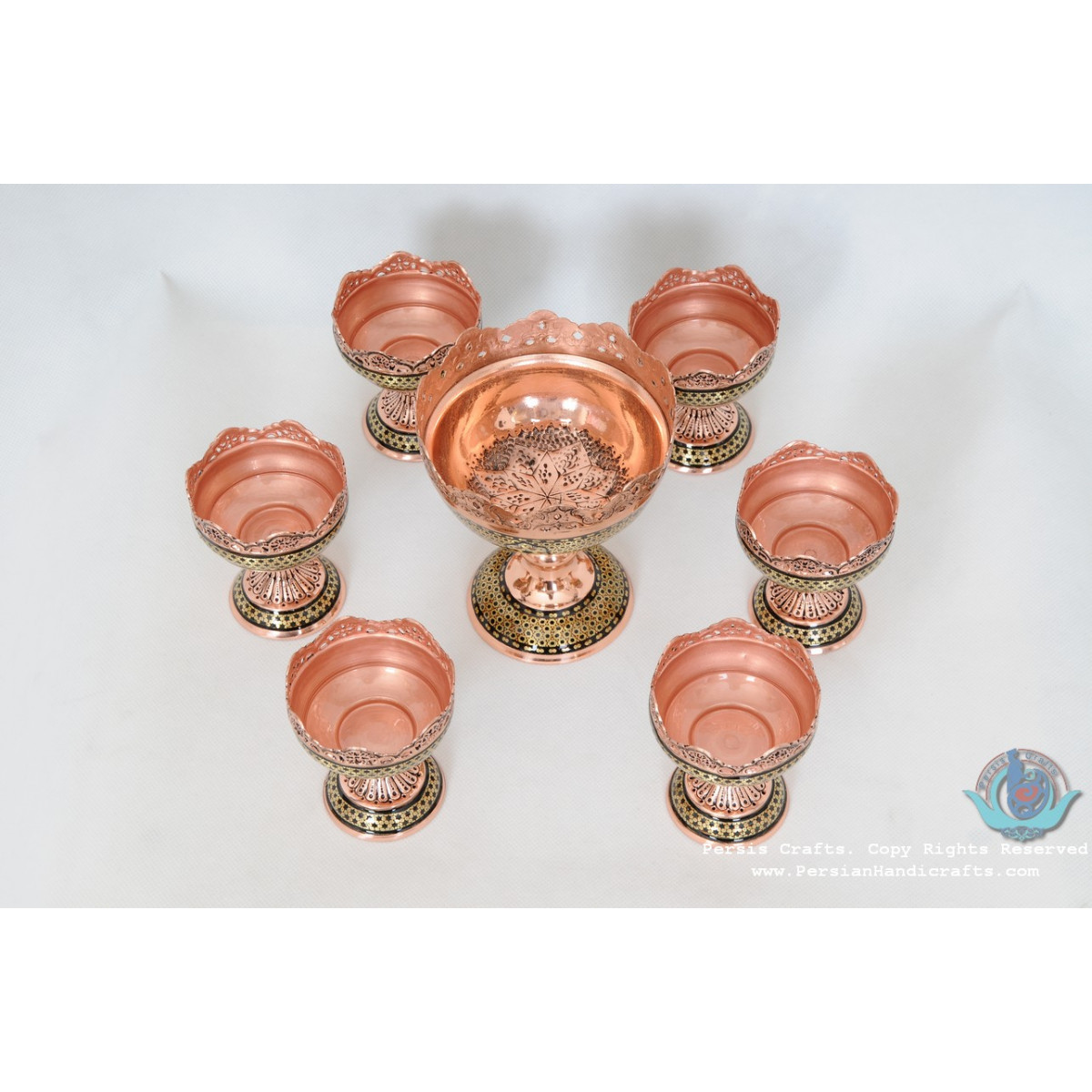 Khatam Marquetry on Copper Pedestal Haft Sin / Nut Set - PKH1007-Persian Handicrafts