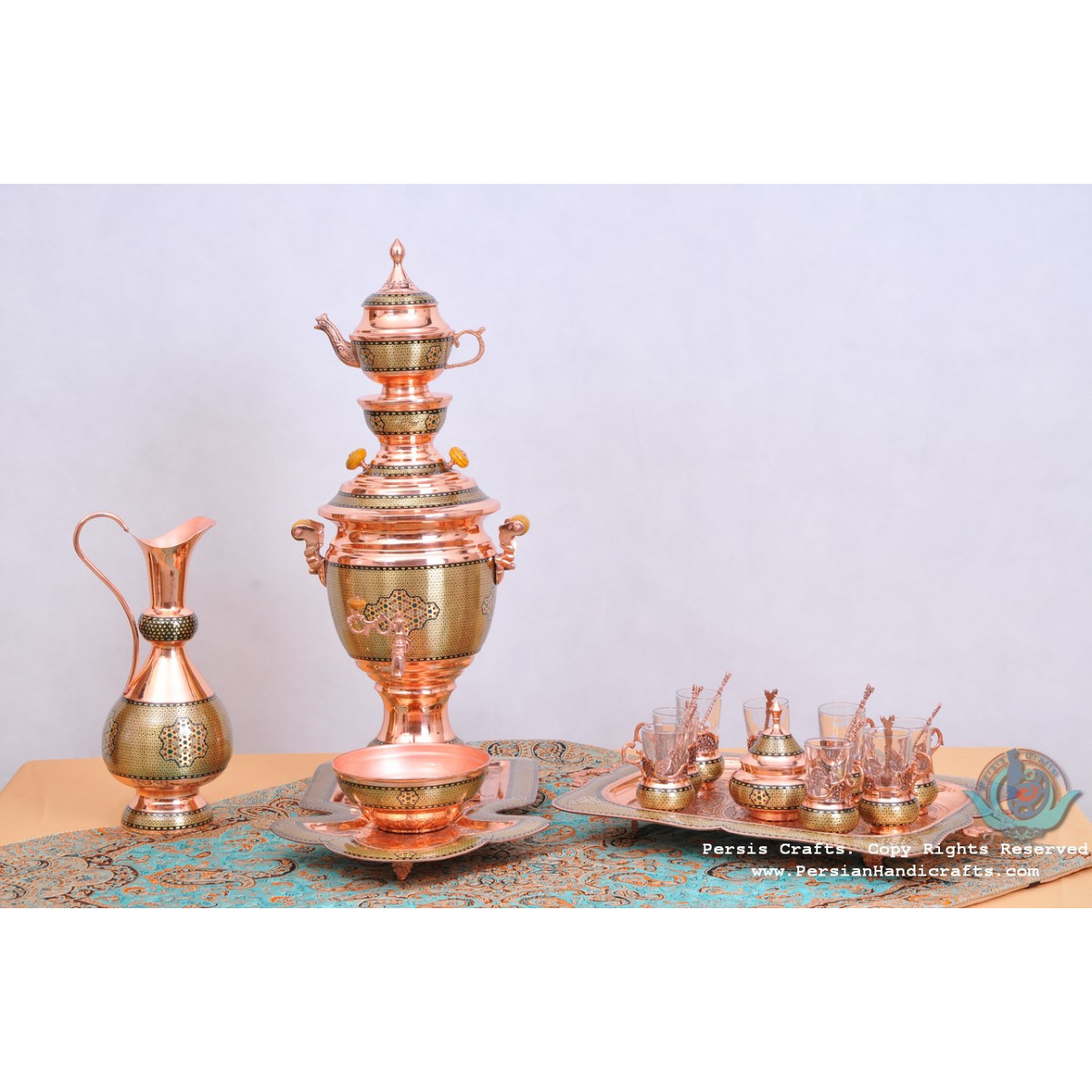 Khatam Marquetry on Copper Traditional Samovar Tea Maker - PKH1011-Persian Handicrafts