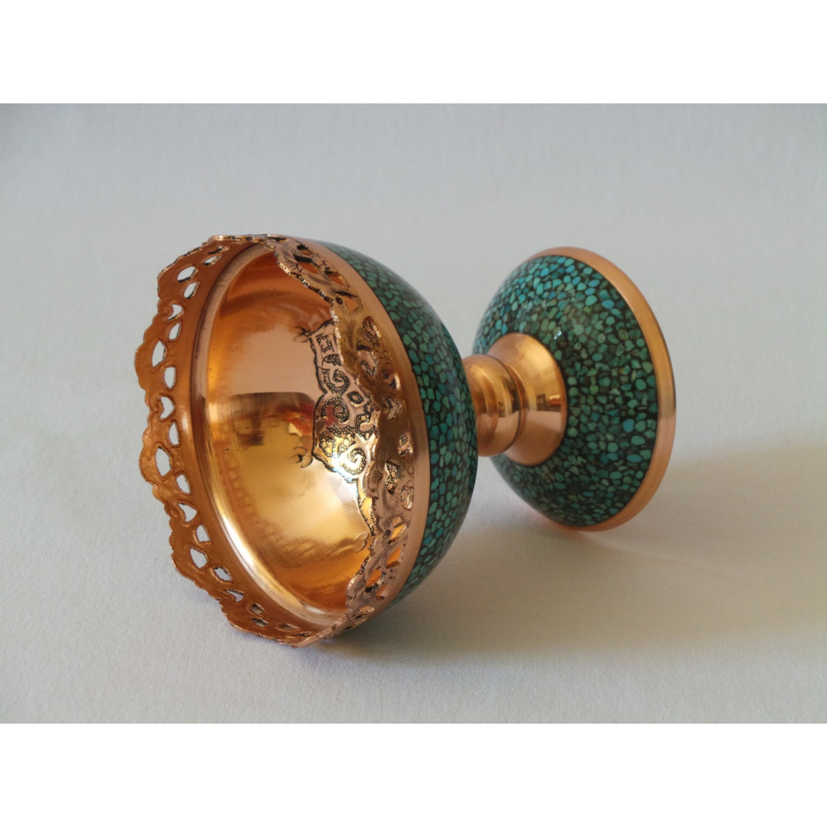 Turquoise Stone & Copper Pedestal Candy/Nuts Bowl Dish - HTI2012-Persian Handicrafts