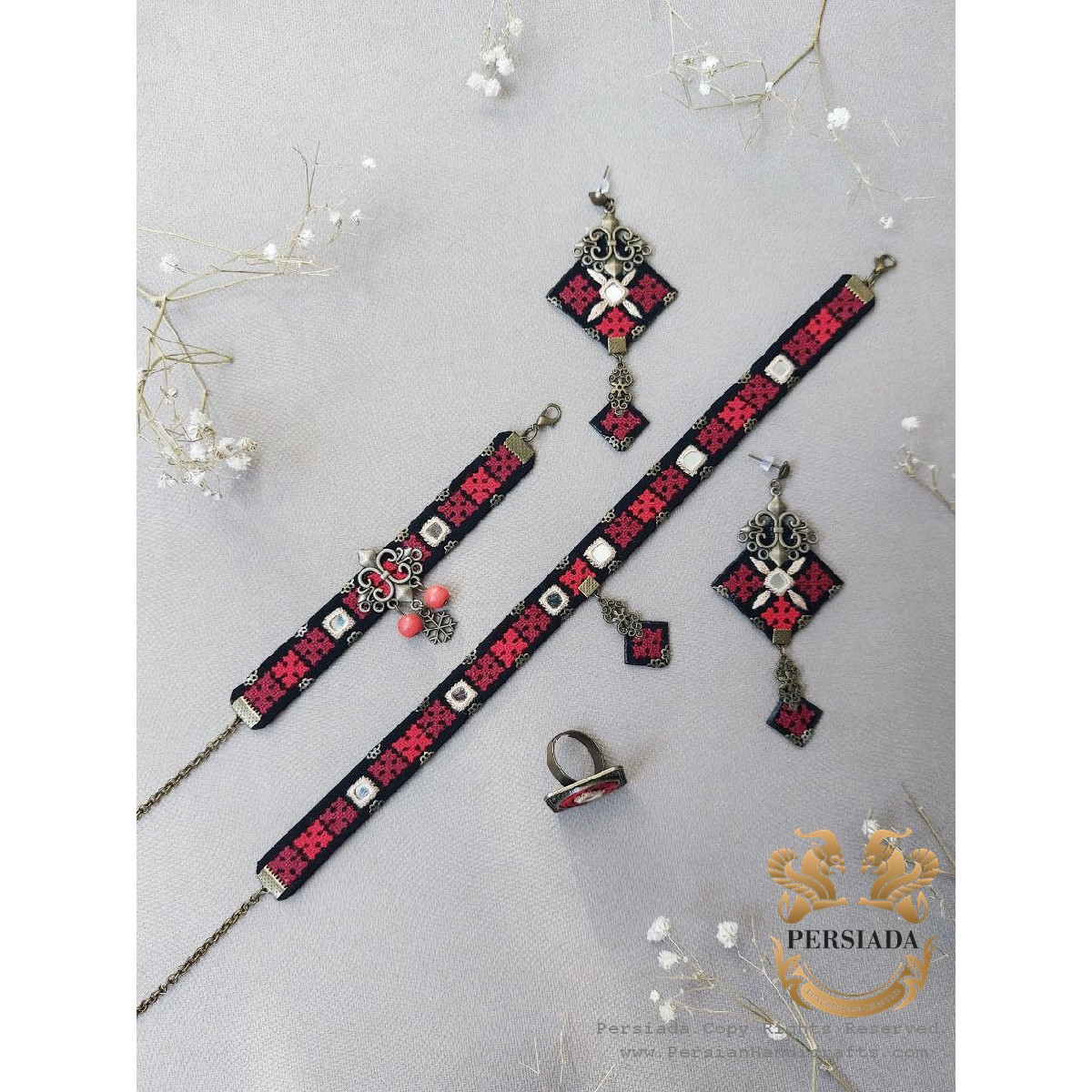 Choker Earrings Bracelet Ring Set | Balouch Needlework | PHW2009-Persiada Persian Handicrafts